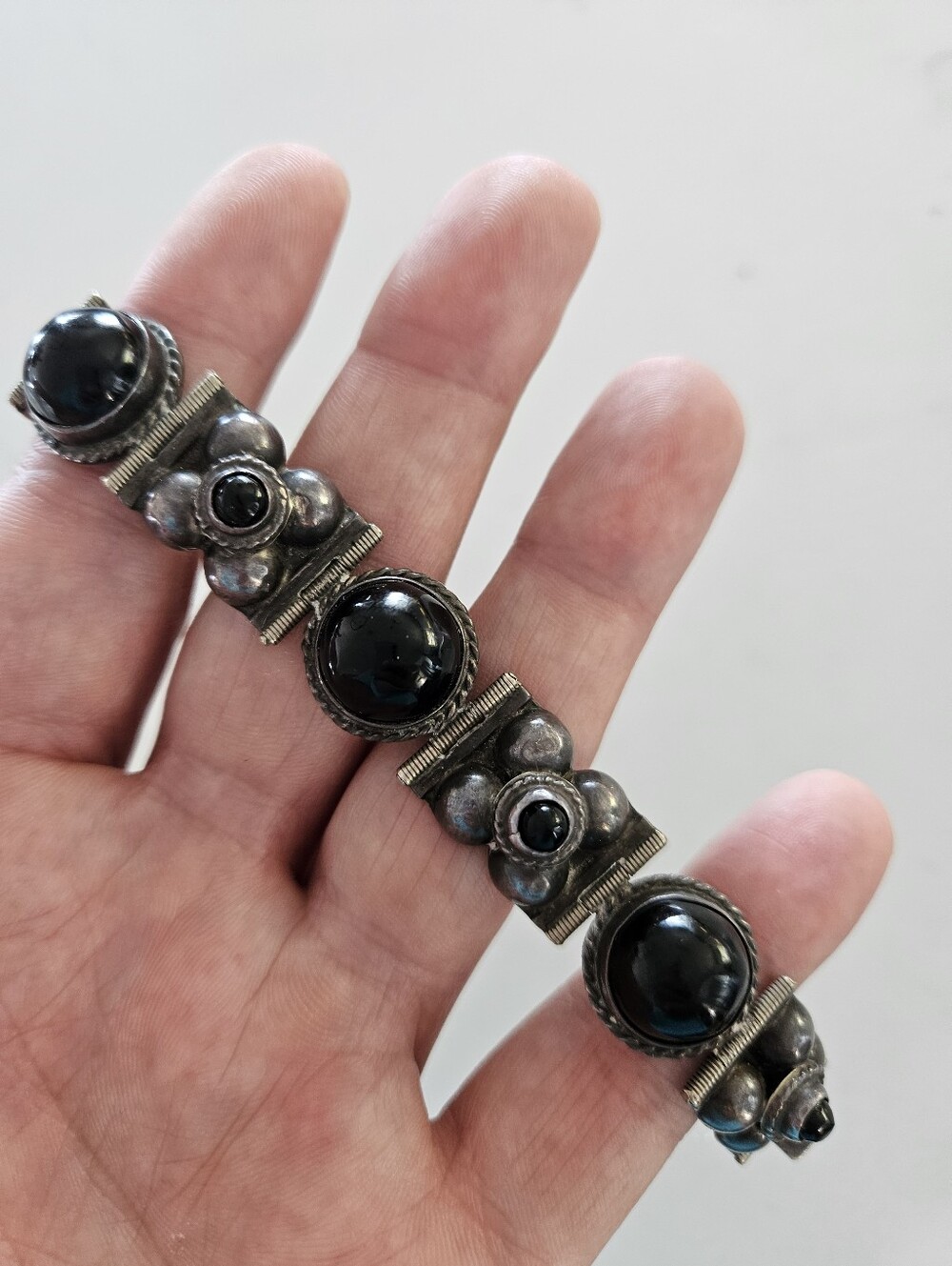 Unique Vintage 50s Taxco Southwestern Sterling Silver Black Onyx Bracelet